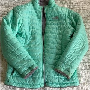 Mint green and grey double sided north face coat
